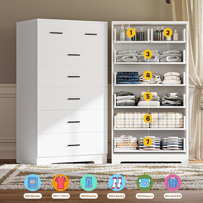FJTJBSI 47.3" Tall Dresser for Bedroom Chests of Drawers with Charging Station 7 Drawer Dressers with Metal Slide Rail Modern Wood Closet Organizer with Large Storage for Home Office Entryway