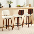 Counter Height Bar Stools Set of 3, 26+inch Swivel Faux Leather Barstool with Back, Upholstered Mid-Century Modern Bar Chairs with Bent Wood Legs for Kitchen Counter, Dining Room, Cream White