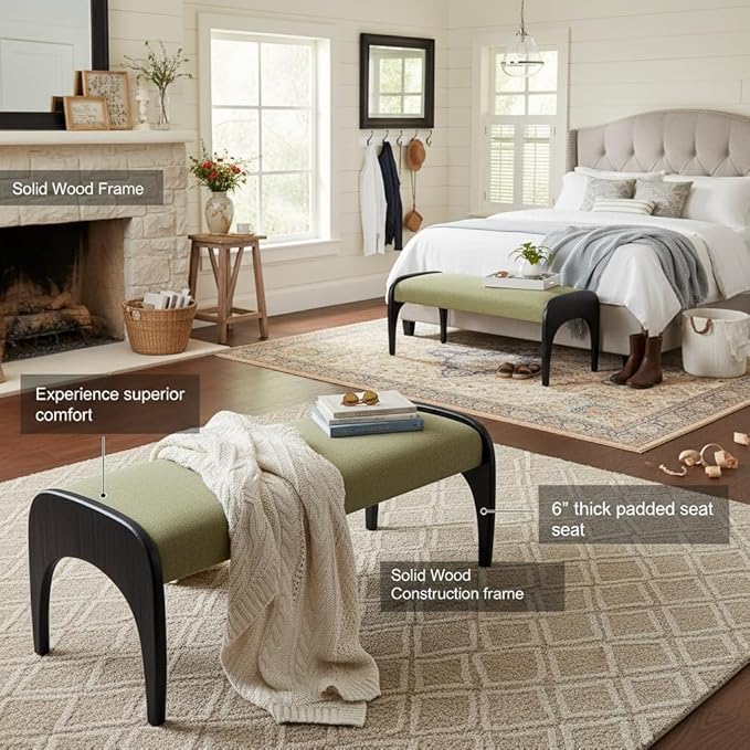 LukeAlon Extra Long 51-Inch Upholstered Storage Bench with Green Linen Fabric & Black Rubber Wood Legs for Kitchen Table, Bedroom, Entryway