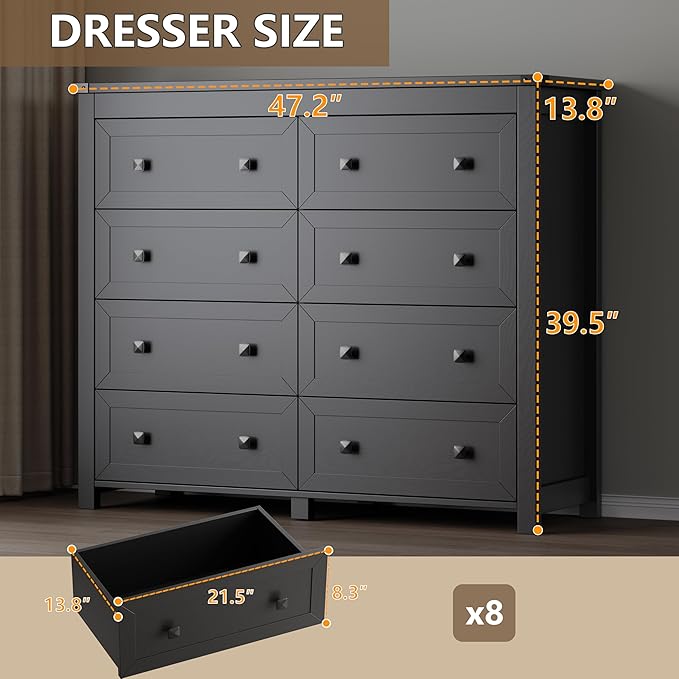BORNOON Tall 8-Drawer Dresser, Modern Wooden Storage Chest of Drawers, Dresser TV Stand, Wood Drawer Organizer with Metal Handles for Bedroom, Living Room, Hallway