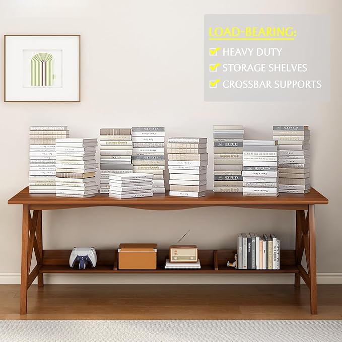 NELYE Extra Long Desk with Bookshelf - Wooden Home Office Work Study Table, Writing Computer Workstation with Storage Shelf in Oak, 55" Wx20 Dx30 H