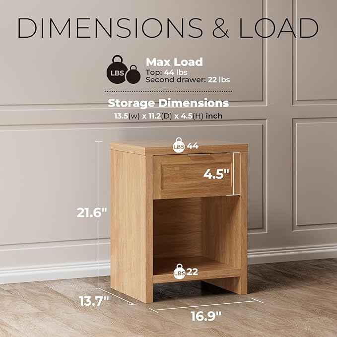 Walsham Natural Nightstands Set 2, Boho Bed Side Table for Living Room, Minimalist Night Stand with Drawer and Storage Shelf - Farmhouse End Tables for Bedroom (Weathered Oak, 2 Set)