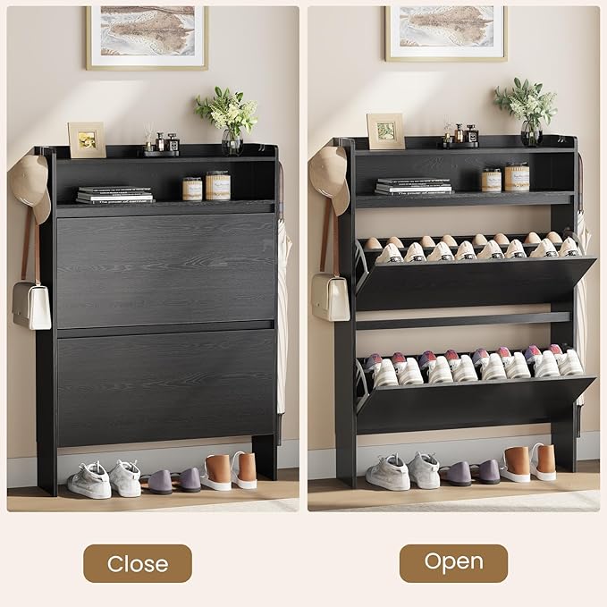 Shoe Cabinet Organizer with 2 Flip Drawers，Freestanding Shoe Rack Cabinet, Shoe Cabinet Storage for entryway, Foyer, Hallway, Black, 31.5" W