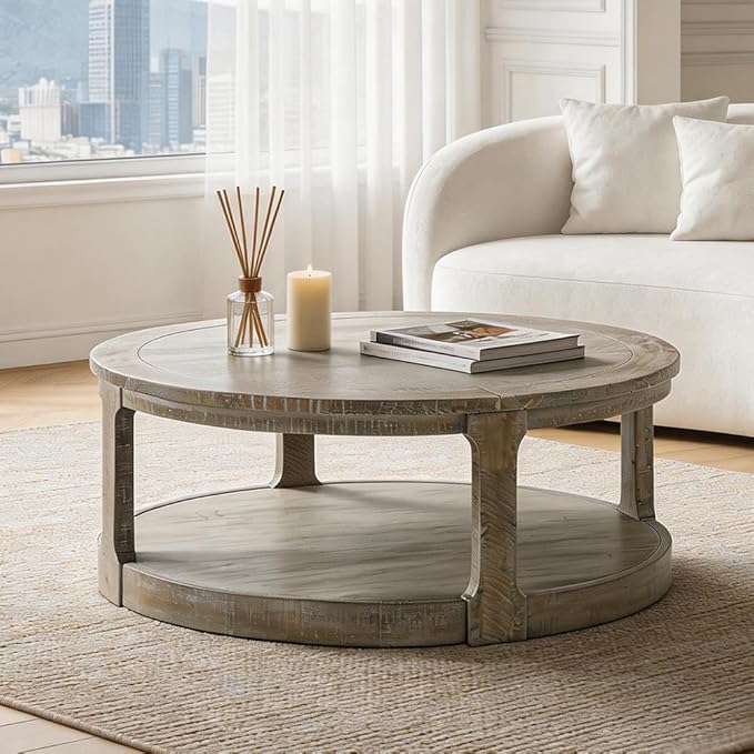 WILLIAMSPACE 40" Round Coffee Table with Wheels, Circle 2 Tier Solid Wood Center Coffee Table, Mid Century Retro Farmhouse Rounded End Table for Living Room Apartment, ø40 x 17.52" H (Light Brown)