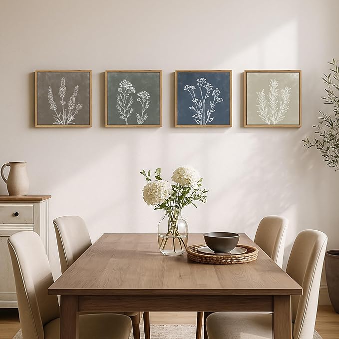Framed Botanical Boho Wall Art, Set of 4 Piece Vintage Farmhouse Plant Leaf Canvas Artworks for Walls, Rustic Minimalist Picture Prints for Living Room Dining Room Bathroom Wall Decor 12x12 Inch