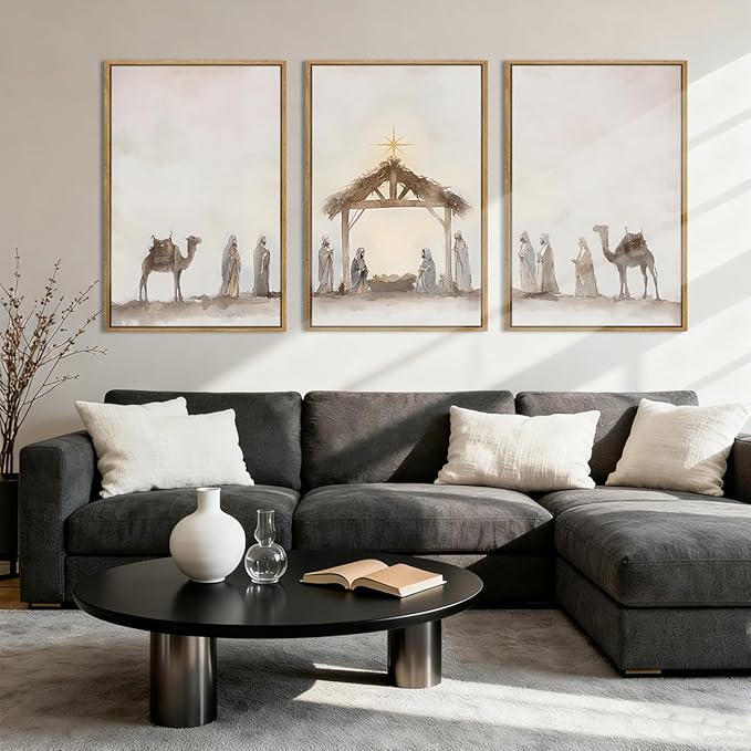 Anyzal Large Jesus Framed Wall Art 16x24 Inch Easter Catholic Nativity Scene Canvas Wall Decor Christian Religious Painting for Living Room Bedroom Dining Room Set of 3