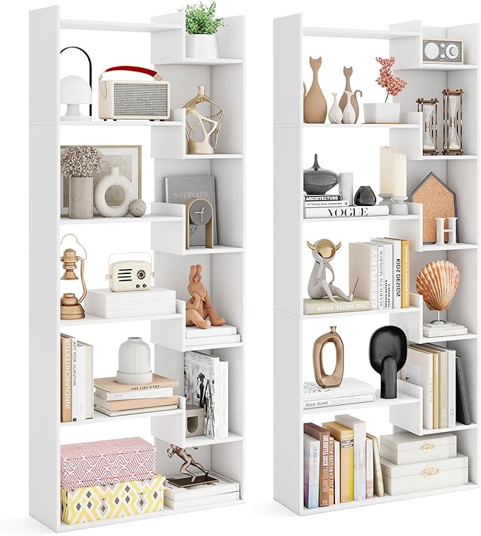 Tangkula 6-Tier Bookshelf, 64”H Tall Open Bookcase with Anti-Tip Kits, Home Office Free-Standing Wood Room Divider Display Book Shelf, Modern 11-Shelf Storage Rack for Study, Living Room (2, White)