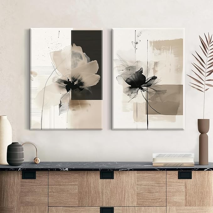 Modern Abstract Floral Wall Art Minimalist Neutral Canvas Painting Decor Beige Cream And Black Wall Art Contemporary Flower Picture Prints for Living Room Bedroom 12x16 Inch Wrapped Canvas Set of 2