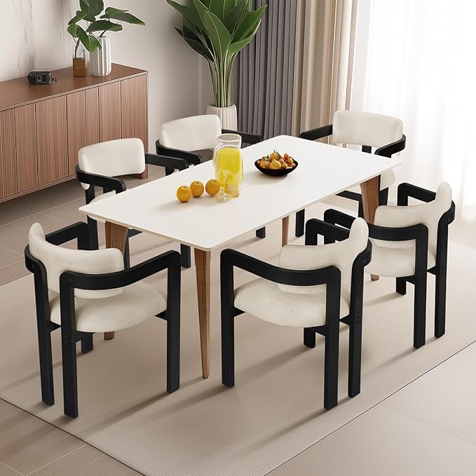 SIMTONAL Soild Wood Boucle Dining Chairs Set of 2-Black Accent Chairs with Arms, Soft Linen Fleece Upholstered Armchairs for Kitchen Dining Living Room