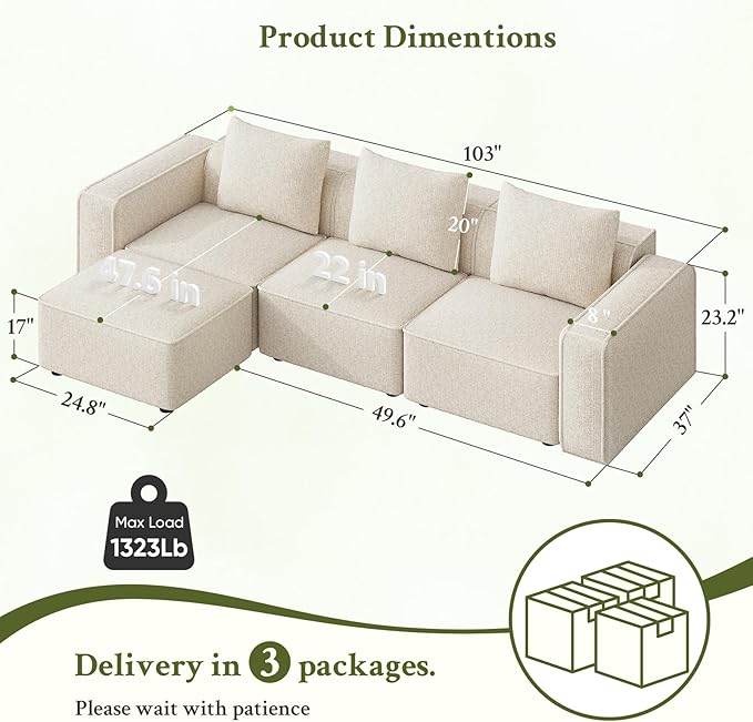 Welzona 103" Modular Sectional Sofa, Minimalist Comfy Cloud Couch Sectional, Tool-Free Setup Couches for Living Room, Wood Frame l Shaped Couch with Ottoman, 22" Deep Seat Chenille Cloud Sofa