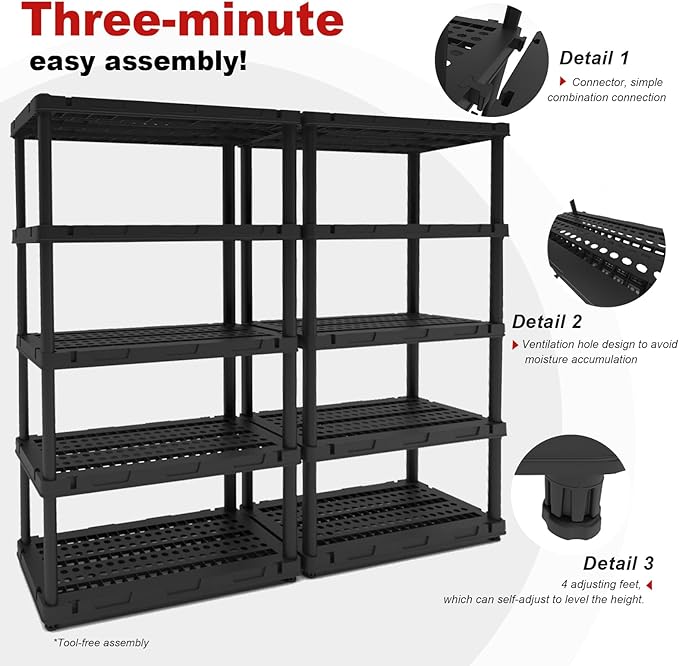Plastic Storage Shelves, 4/5 Shelving Unit, Heavy Duty Storage Rack, 72.44''H, Plastic Shelf Rack, Adjustable Utility Shelf for Basement, Kitchen, Bathroom, Garage,PP, Waterproof