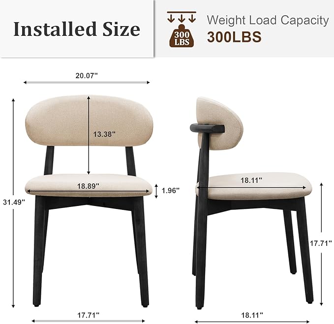 Farmhouse Dining Chairs Set of 2, Mid Century Modern Fabric Upholstered Kitchen Chairs, Wooden Dining Room Chair with Curved Back&Black Legs for Kitchen Dining Room Restaurant Cafe, Beige, Only Chairs