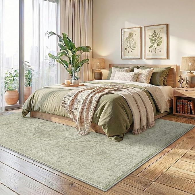 Homemate Washable Rug 8x10 Area Rugs - Vintage Faux Wool Rugs for Living Room Bedroom Dining Room - Non Slip Foldable Carpet Indoor Area Rug for Home Decor（8'x10', Green