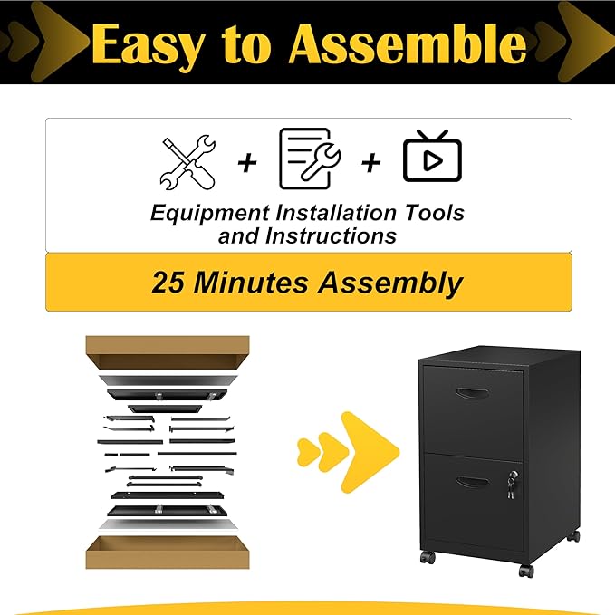 SteeLoong 2 Drawer File Cabinet with Lock，Black Rolling File Cabinet for Home Office, Metal Small Mobile Filing Cabinets on Wheels for Hanging Letter