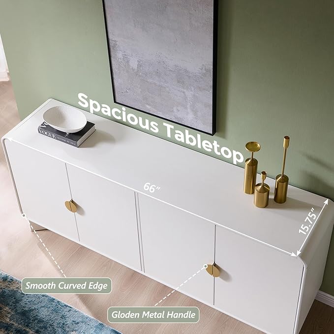 IFGET Modern Buffet Cabinet with Storage, 70" Large Sideboard Buffet Storage Cabinet with 4 Doors and Adjustable Shleves, Wooden Curved Coffee Bar for Dining Room, Kitchen, Living Room, White