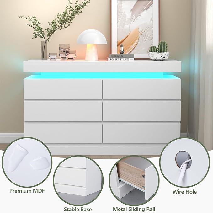 Gyfimoie 6 Drawer Dresser with Power Outlet, Dresser with LED Light, Modern Chest of Drawers for Closet, Double Wide Drawer Organizer Cabinet for Bedroom, Living Room (White, 6 Drawers)