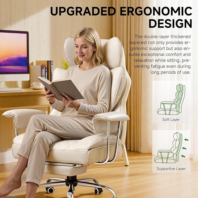 COMHOMA Big and Tall Office Chair, High Back Leather Gaming Chair with Footrest, Executive Ergonomic Office Chairs with Pocket Spring Lumbar Support and with Outward Fixed Soft Armrests