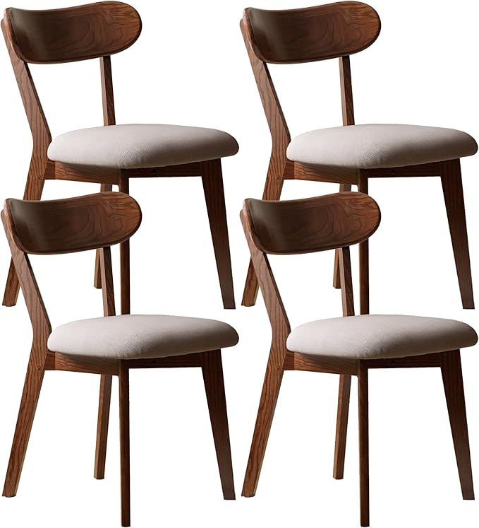 Modern Solid Wood Dining Chair Set of 4, Kitchen Dining Room Chair with Upholstered Cushion and Seat Cover, Curved Backrest, 100% FAS Grade North America Oak Wood, Walnut
