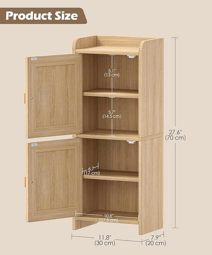 Akxomel Rattan Small Bathroom Cabinet with 2 Doors, 7.9''D x 11.8''W Narrow Toilet Paper Storage Cabinet, Bathroom Organizer for Small Space, Wooden Slim Corner Unit with Adjustable Shelf, Natural Oak