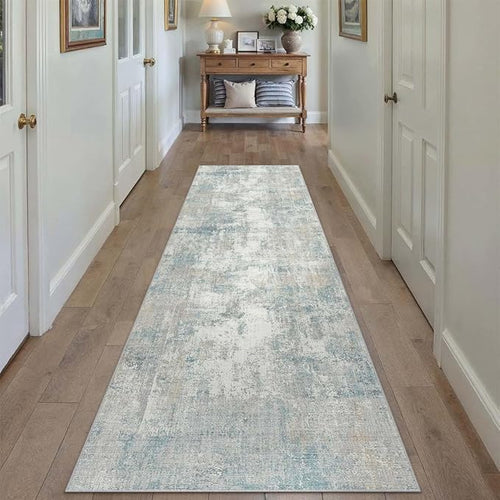 2x12 Washable Runner Rug Blue Cream Abstract Non Slip Soft Low Pile Hallway Kitchen Rug Neutral Modern Carpet for Laundry Bathroom Bedroom Living Room Home Decor