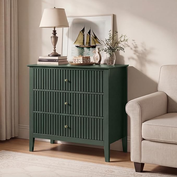 RoyalCraft Large 3 Drawer Dresser Set of 2, Fluted Chest of Drawers with Storage, Modern Painted 30 inch Tall Nightstand for Bedroom Living Room Entryway, Dark Green