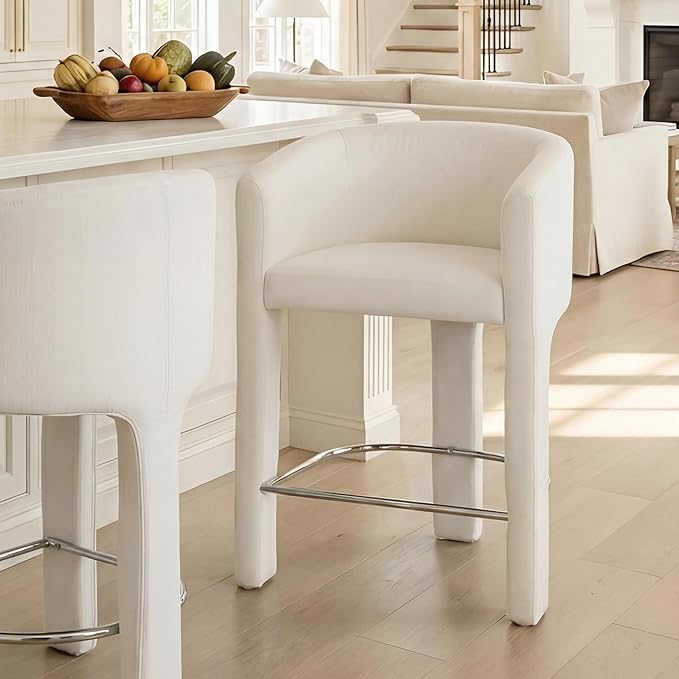 HNY Modern Counter Height Bar Stools, 26”H Barrel Counter Stools for Kitchen Counter, Upholstered Barstools with Back and Armrest, Velvet Bar Stools for Kitchen Island, Home Bar, Cream