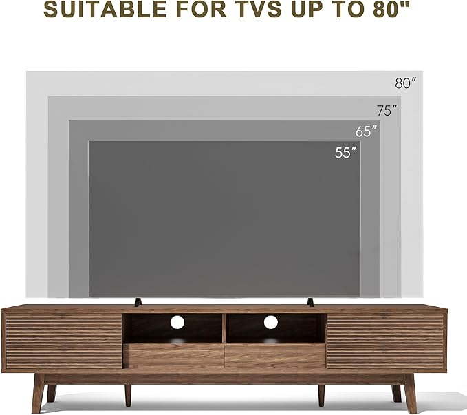 MU 70 Inch TV Stand for TVs up to 80 Inch, Mid Century Modern TV Console with Fluted Sliding Doors, Shelves & Drawers, Low Profile Entertainment Center for Living Room (Walnut, 70")