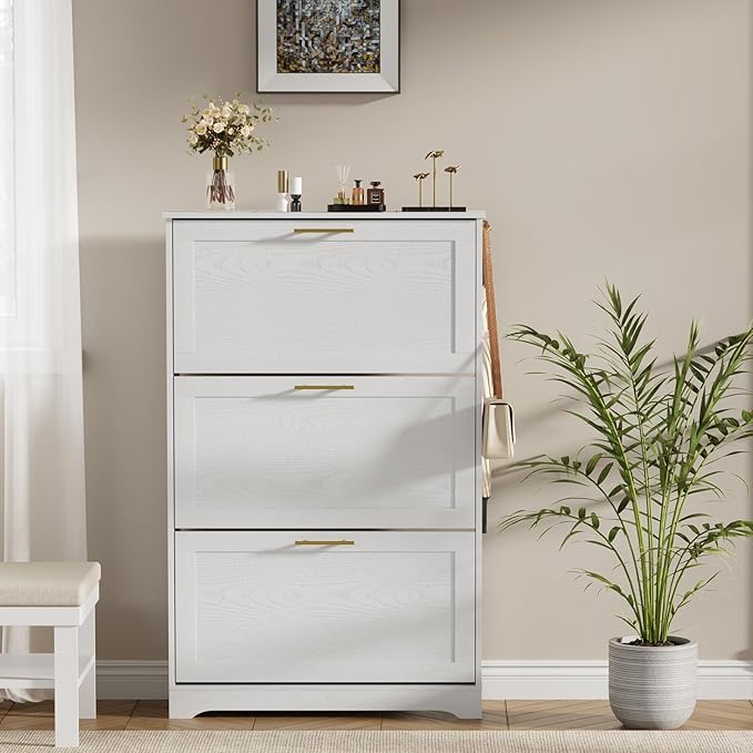Shoe Cabinet Organizer with 3 Flip Drawers, Modern Narrow Shoe Cabinet with Metal Handles, Freestanding entryway Organizer with 2 Adjustable Shelves & 2 Hooks, for Foyer, Hallway, White