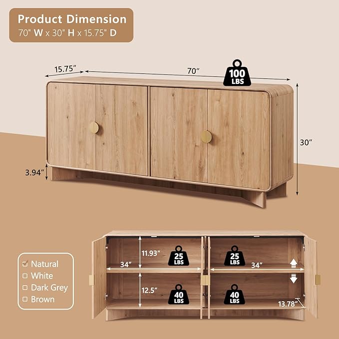 IFGET Modern Buffet Cabinet with Storage, 70" Large Sideboard Buffet Storage Cabinet with 4 Doors and Adjustable Shleves, Wooden Curved Coffee Bar for Dining Room, Kitchen, Living Room, Natural Oak