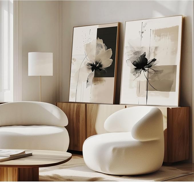 Modern Abstract Floral Wall Art Minimalist Neutral Canvas Painting Decor Beige Cream And Black Wall Art Contemporary Flower Picture Prints for Living Room Bedroom 16x24 Inch Unframed Set of 2