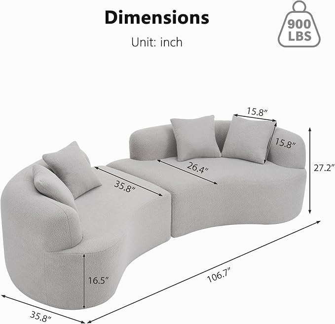 106.7" Modern Curved Oversized Sectional Sofa, Minimalist Modular Cloud Couch with 4 Throw Pillows, Luxury 4-Seater Extra Deep & Wide Seat Sofa in Soft Teddy Fabric, Pearl Grey