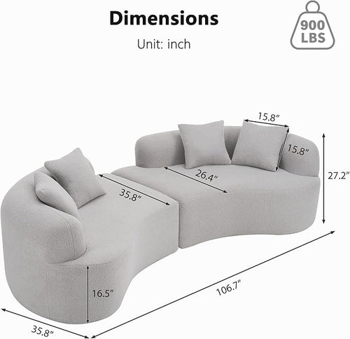 106.7" Modern Curved Oversized Sectional Sofa, Minimalist Modular Cloud Couch with 4 Throw Pillows, Luxury 4-Seater Extra Deep & Wide Seat Sofa in Soft Teddy Fabric, Pearl Grey