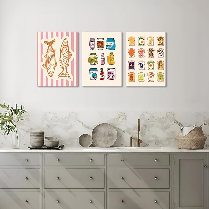 Cute Funny Kitchen Wall Art Set of 3, Fashion Breakfast Food Avocado Toast Canvas Prints Poster, Vintage Simple Sardines Watercolor Picture for Dining Room Kids Room Wall Decor 12x16 Inch Framed