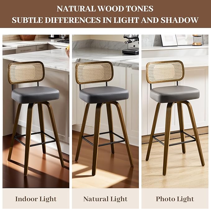 Bekrvio Swivel Counter Height Bar Stools Set of 4, Upholstered Faux Leather Barstools with Rattan Back, 26" Seat Height Bar Chairs for Kitchen Island, Bentwood Wood Frame, Grey