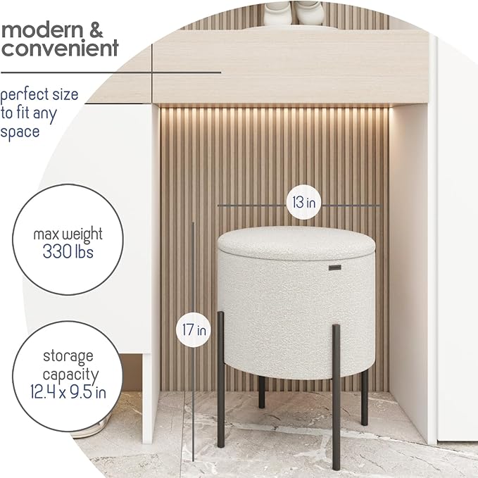STORAGEBUD Round Ottoman with Storage, Boucle Storage Ottoman, Foot Stool Ottoman, Makeup Vanity Stool, Small Ottomans Foot Rest, Modern Ottomans for Living Room and Bedroom, Cream