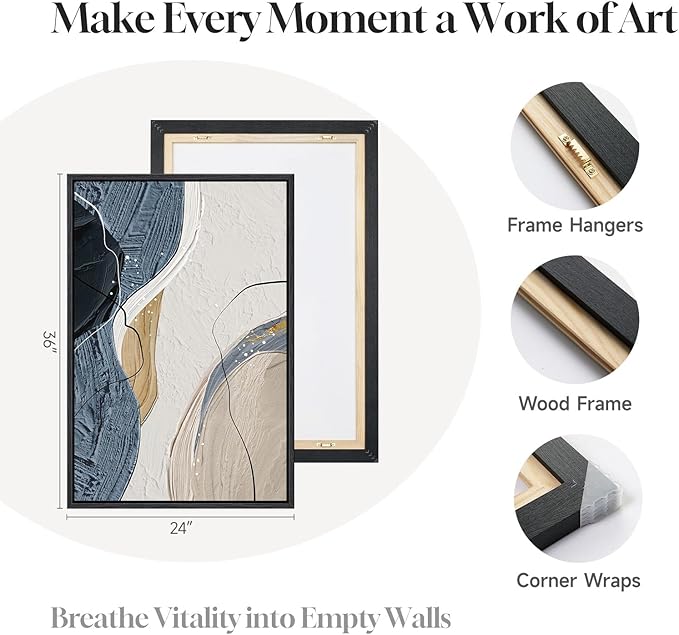 Large Framed Abstract Wall Art for Living Room, Set of 3 Modern Canvas Artwork for Wall, Blue Gray Minimalist Prints Paintings for Bedroom Hallway Office Wall Decor, 24 x 36 Inch