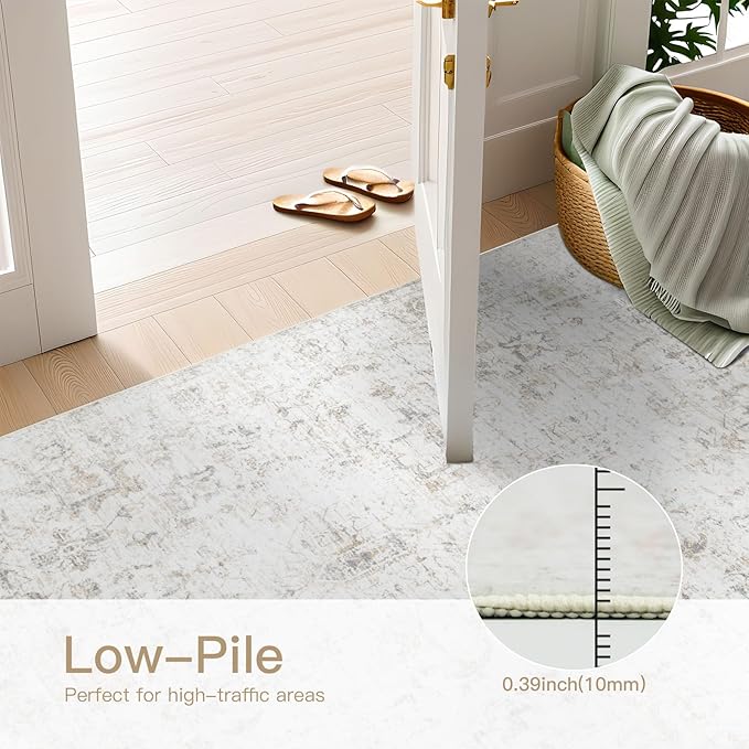 Washable 8×10 Area Rug for Living Room, Vintage Floral Rug Soft Non Slip Stain Resistant Boho Carpet for Bedroom Dinning Room Home Office Beige New
