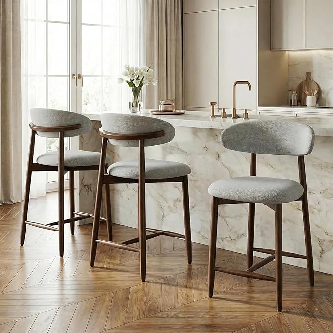 Bar Stools Set of 3, 25.6″ Counter Height Bar Stools with Wood Legs, Upholstered Modern Kitchen Barstools for Kitchen Island Dining Room Bar, Light Grey