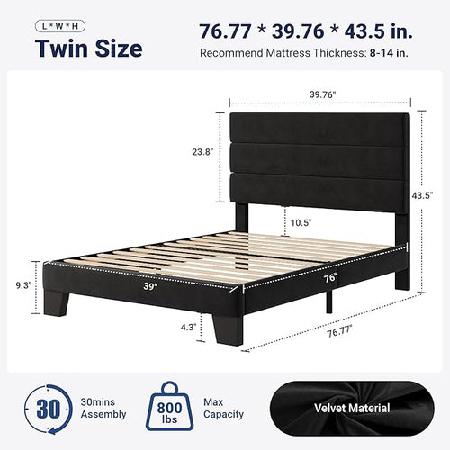Allewie Twin Size Platform Bed Frame with Velvet Upholstered Headboard and Wooden Slats Support, Fully Upholstered Mattress Foundation/No Box Spring Needed/Easy Assembly, Black