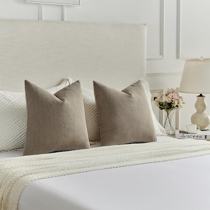 FUTEI Coffee Chenille Decorative Throw Pillow Covers 20x20 Inch Set of 2,Soft Cozy Faux Linen Textured Cushion Case,Farmhouse Home Decor for Couch Living Room