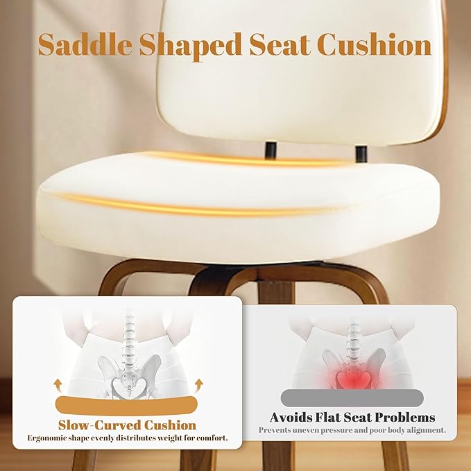 Counter Height Bar Stools Set of 4, 26+inch Swivel Faux Leather Barstool with Back, Upholstered Mid-Century Modern Bar Chairs with Bent Wood Legs for Kitchen Counter, Dining Room, Cream White