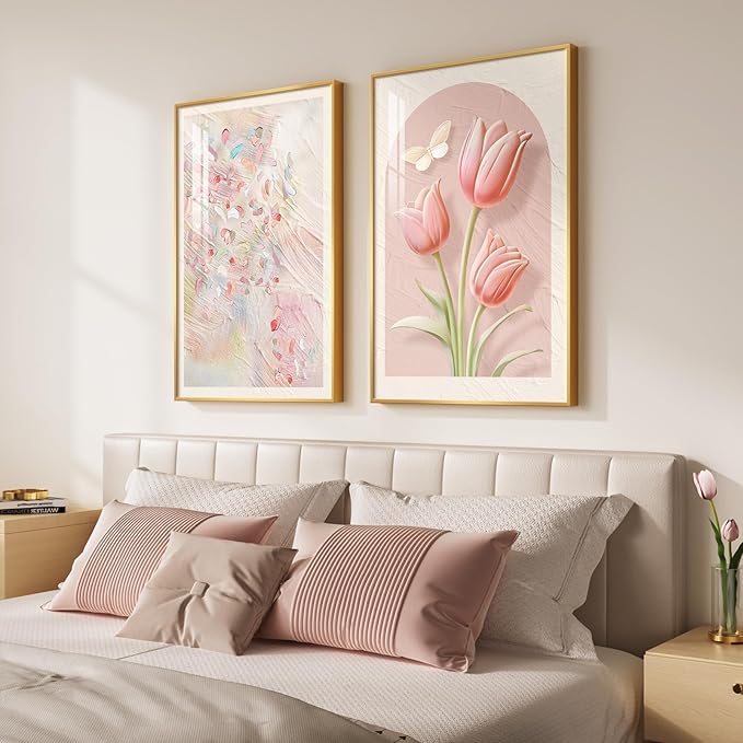 Framed Boho Floral Pink Wall Art for Bedroom, Set of 2 Tulip Flower Abstract Canvas Artwork for Walls, Modern Romantic Botanical Paintings Prints for Living Room Office Hallway Wall Decor, 20x30 Inch