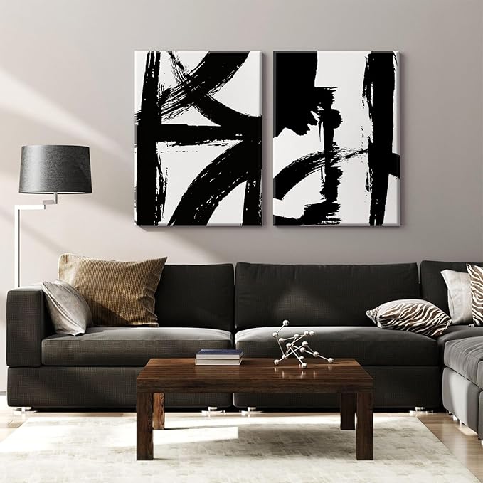 Black and White Wall Art Abstract Modern Painting Minimalist Line Canvas Wall Art Decor Black And White Poster Abstract Artwork Prints for Living Room Bedroom 12x16 Inch Wrapped Canvas Set of 2