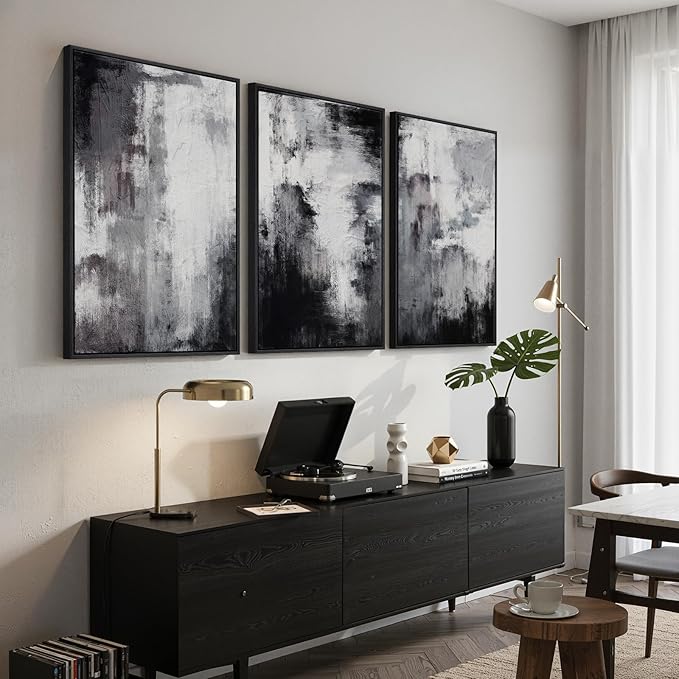 Large Framed Abstract Black and White 3 Piece Wall Art for Living Room, Modern Minimalist Grey Neutral Canvas Artwork for Walls, Contemporary Painting Print Wall Decor for Bedroom Office, 24x36 Inch