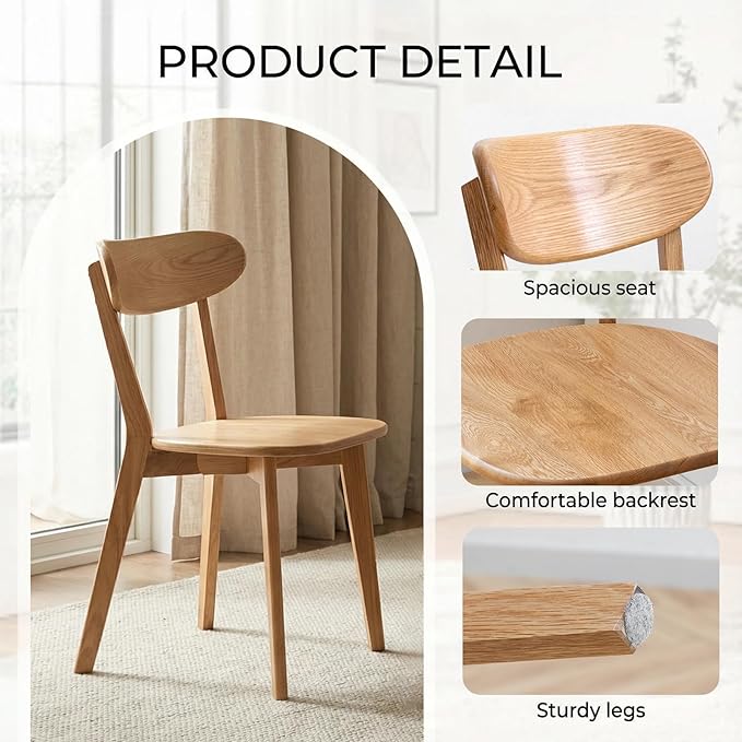 100% Solid Oak Wood Dining Chairs,Mid Century Modern Dining Chairs with Rounded Backrest,Kitchen,Dining Room Chairs Set of 1/2/4 (1, Natural Color)
