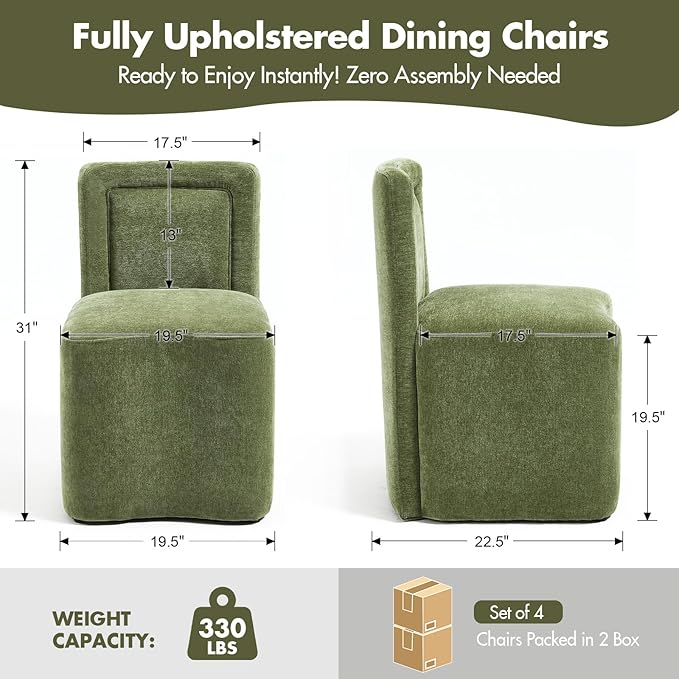 Hyfirm Upholstered Dining Chairs Set of 4, Mid-Century Scandinavian Parsons Armless Chairs with Plush Seat Cushion for Diningroom Bedroom Livingroom Reading Room，Green Fabric