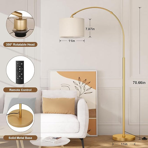 Ambimall Dimmable Arc Floor Lamp with Remote, Color Temperatures and Brightness Adjustable, Arched Floor Lamp with Rotating Head, Over Couch Arched Reading Light for Living Room (Deep Beige and Gold)