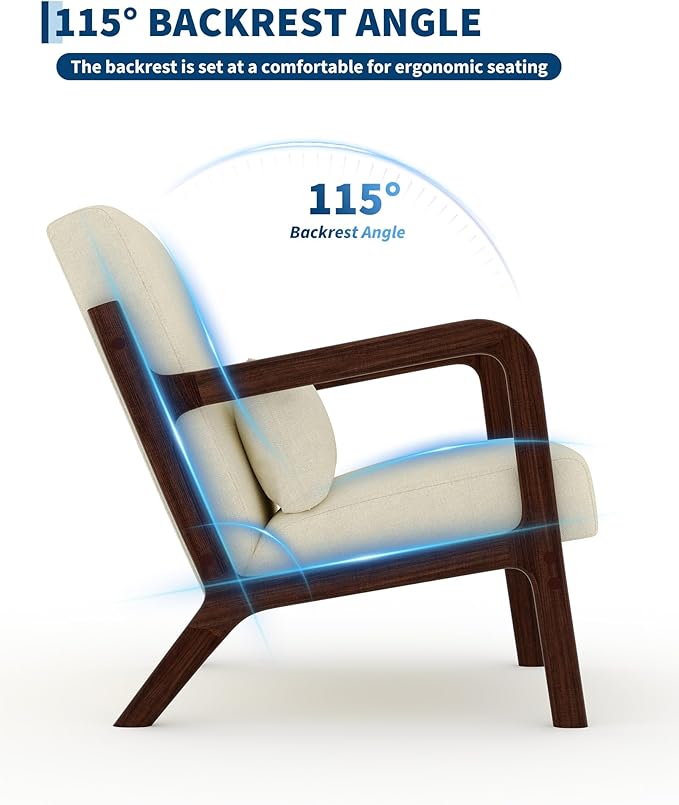 Garvee Mid-Century Chenille Accent Chair, Cozy Reading Chair, Modern Lounge Armchair with Lumbar Pillow, Solid Wood Frame, for Living Room, Bedroom, Office, Beige