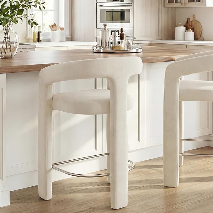 HNY 26 Inch Modern Tall Barrel Bar Stool, Velvet Upholstered Barstools with Open Back, Counter Height Bar Stool Chair with Armrest for Kitchen Island, White