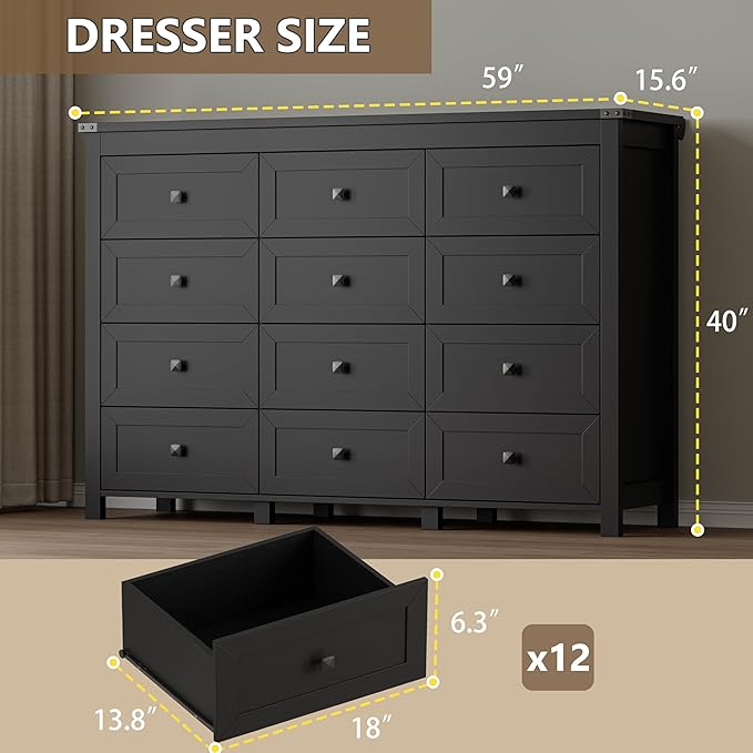 BORNOON 12-Drawer Dresser, Modern Wooden Storage Chest of Drawers, Dresser TV Stand, Wood Drawer Organizer with Metal Handles for Bedroom, Living Room, Hallway